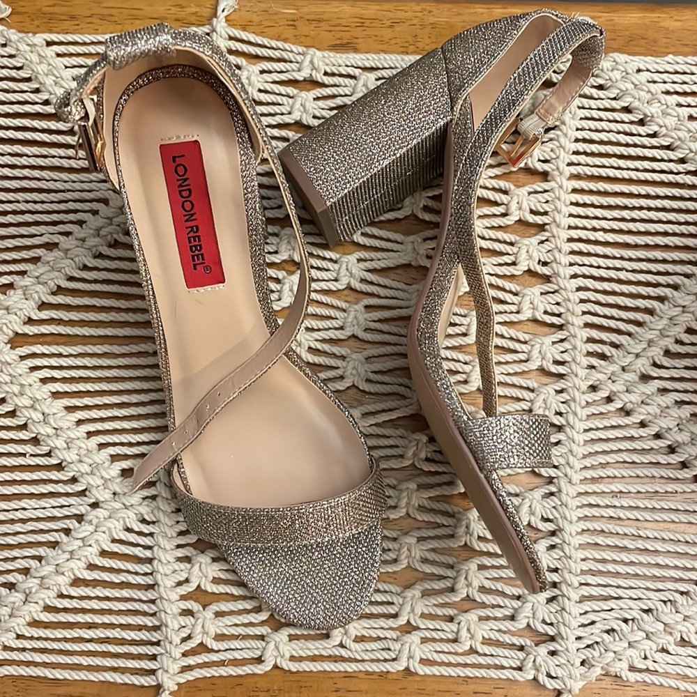 London Rebel Glitter Ankle Strap Chunky Heel